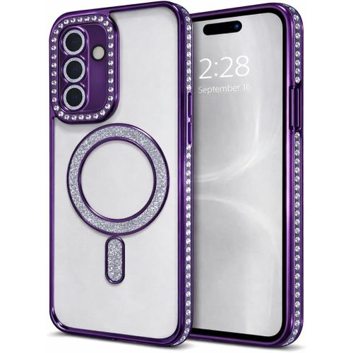 Luxury Diamond Case for Samsung Galaxy A16 Sparkle Rhinestone Magnetic Compatible Cover Built-in Camera Lens Protectors Slim Clear Glitter Protective Case Purple