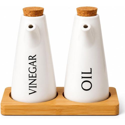 Oil and Vinegar Dispenser Set for Kitchen, 2 Bottles with Cork Stoppers and Wooden Base for Storage, Olive Oil and Vinegar Dispenser for Serving Sauces and Food Condiments,