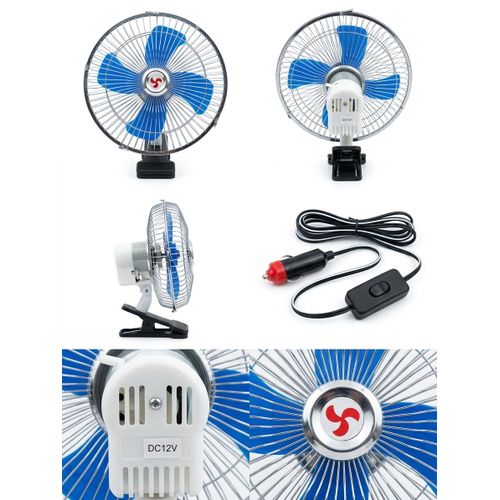 10-inch Blue And White Fan With Clip And Operating Button, Works On A 12-volt
