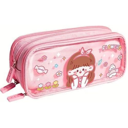 Transparent Pencil Case Bag – Large Capacity Fabric Bag with Cute Cartoon Print – 3 Compartments for Multi-Functional Stationery Organization – Durable Zipper Design (Cute Girl)