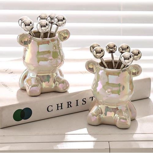 Fruit And Dessert Fork Set Featuring a Polished, Bear-Shaped Holder And Matching Forks Topped With Ball Handles Nordic Luxury Set - White