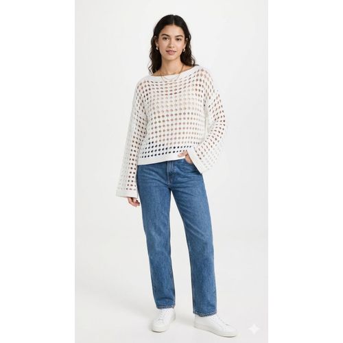 Casual Pointelle Knit Sweater - White