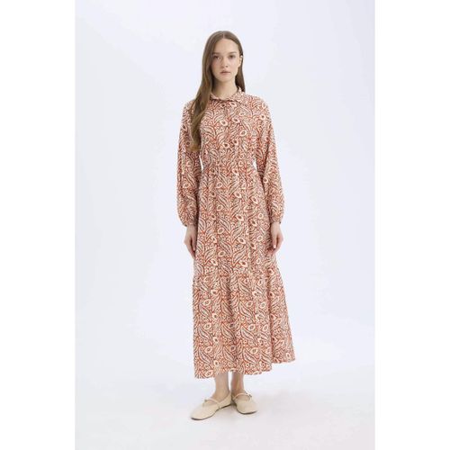 Woman Shirt Neck Shirt Dress Long Sleeve Woven Dress - Orange