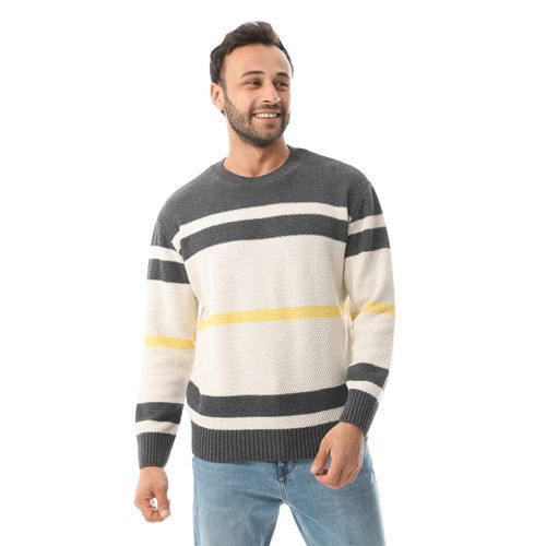 Long Sleeves Slip On Pullover - Grey, Off White & Yellow