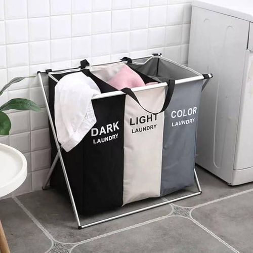 2 Section Foldable Laundry Basket, Laundry Cloth Hamper Sorter Basket Bin with Aluminum Frame,Washing Storage Dirty Clothes Bag for Bathroom Bedroom Home(Dark+Light)