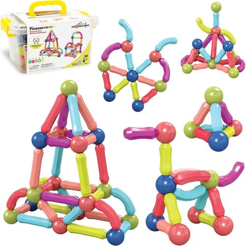 50 PCs Magnetic Building Stick Block Construction Set with Storage Bin Colorful 3D STEM Toy Blocks Bar Balls & Rods Montessori Educational for All Ages Puzzle Toy for Boys & Girls PTX50