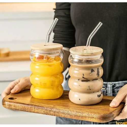 كوب زجاجي بغطاء خشبي وقشة – لجميع المشروبات الساخنة والباردة