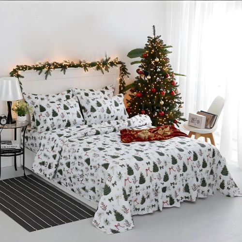 Queen Christmas Tree Flat Sheet Set - Holiday Xmas Pattern Bedding Set of 3 Pieces - Wrinkle Free - Cozy & Cooling Festive Winter - Holiday Sheets for Women, Men, Kids & Teens 240 x 180 cm