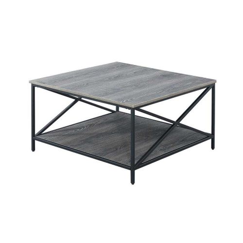 Medium square coffee table, two levels, black steel frame, gray MDF wood surface