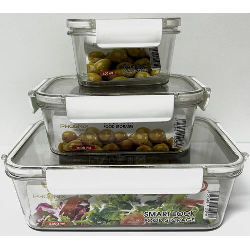 Modern Acrylic Refrigerator Food Container Set of 3Pieces with Airtight Lock - Clear Silicone Sides