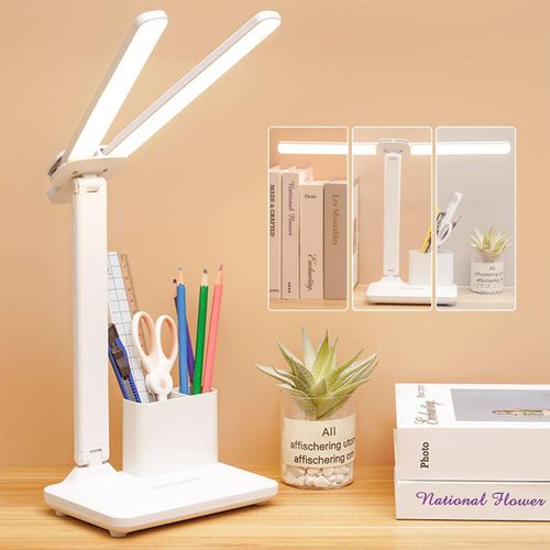 Dual Head LED Desk Lamp with Pen Holder -USB Rechargeable Desk Lamp -Touch Control Eye Protection Light -Reading Study Table Lamp for Kids, Home, Office