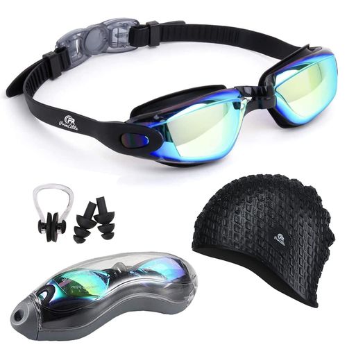 Swimming Kit- Swim Goggles And Swim Caps Combo Set, Nose Clip, Ear Plug & Case- Silicone Non-Slip Material On Glass & Cap, Anti-Fog, UV Protection, Long Hair- Adults Men Women