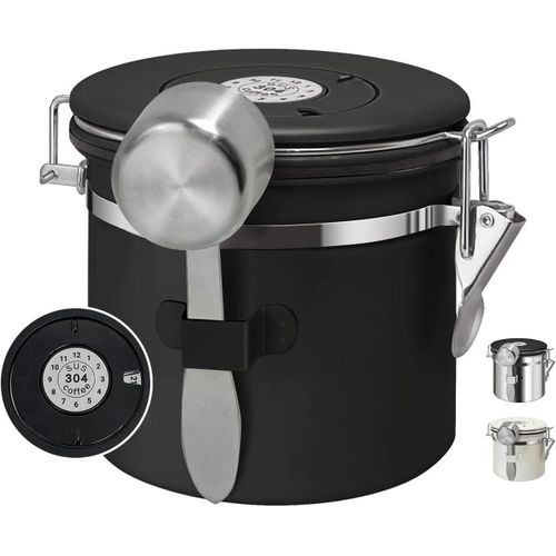 Vacuum Airtight Stainless Steel Coffee Canister With Measuring Spoon, For Coffee Powder, Coffee Beans, Rice, Tea Leaves, Sugar, Flour and Grains, 1.2 L