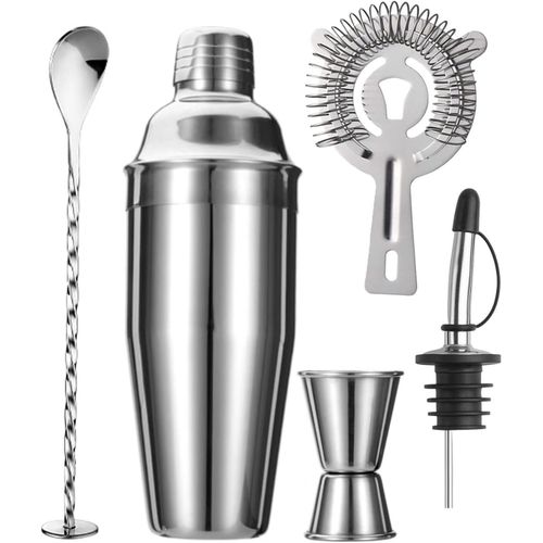 5-Piece Cocktail Shaker Set 24oz Shaker Strainer Jigger T-Mixing Spoon Pour Spout Bartender Kit Stainless Steel Bar Set Housewarming Gift