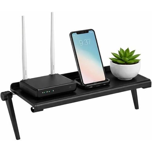 Foldable Router Storage Rack Punch Free TV Screen Top Shelf Plastic Desktop Organizer Stand For Router Modem Remote Control Receiver Space Saving Movable Display Holder Black