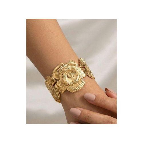 Women's Stainless Steel Textured Floral Cuff Bracelet - Elegant Wide Open Bangle with Interlocking Flowers