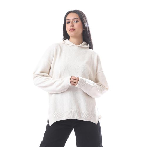 Off White High-Low Knitted Hoodie