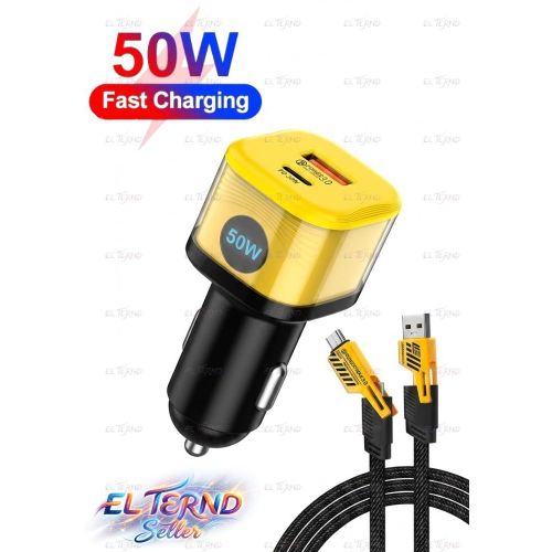 50W Dual Port Fast Car Charger (PD 50W + QC 3.0) + Multiple Fast Charging Cable from (Type-C + USB) to (Micro + Type-C) By EL-TERND