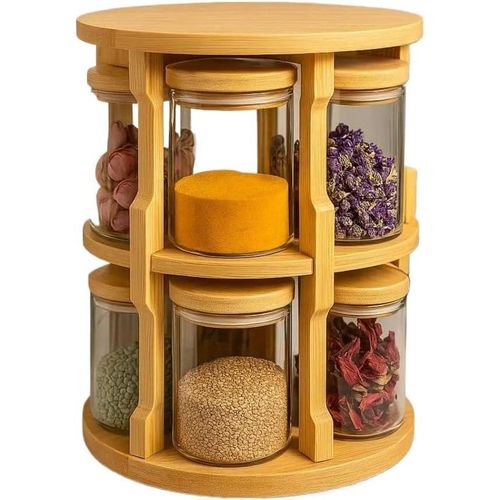 Rotating spice organizer with glass jars – compact kitchen spice rack.
