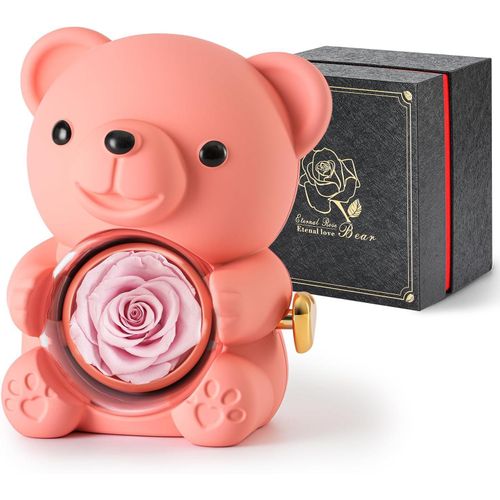 Cute Teddy Bear with Preserved Rose - A Real Rose Flower in Bear with Elegant Gift Box - Romantic Gift for Her in Valentine's Day, Mother's Day, Weddings, Anniversaries, and Bridal ShowersPink