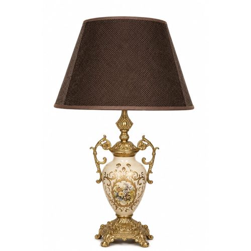 Classic Brass Table Lamp with Porcelain Base & Floral Details
