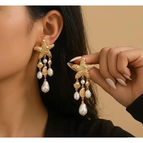 Statement Sea-Inspired Gold Starfish and Pearl Drop Earrings