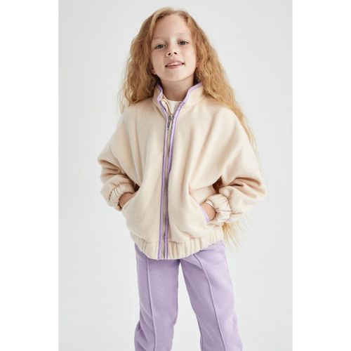 Girl High Neck Relax Fit Cardigan - Stone