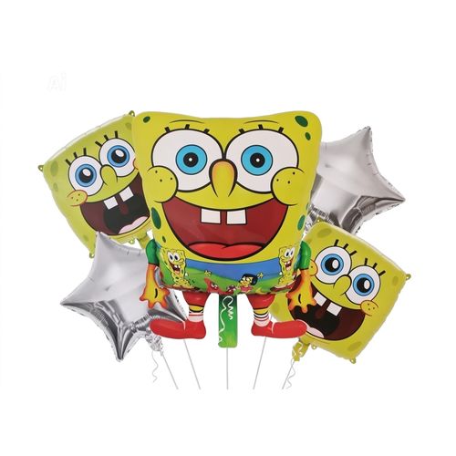 SpongeBob Foil Party Balloon Set - 5 Pieces - Large SpongeBob Figure with 2 Silver Star Balloons and 2 SpongeBob Balloons - Children's Birthday and Event Decorations