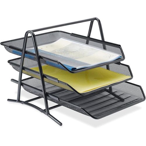 Metal paper organizer, 3-tier mesh paper tray, document, letter, office paper organizer - black