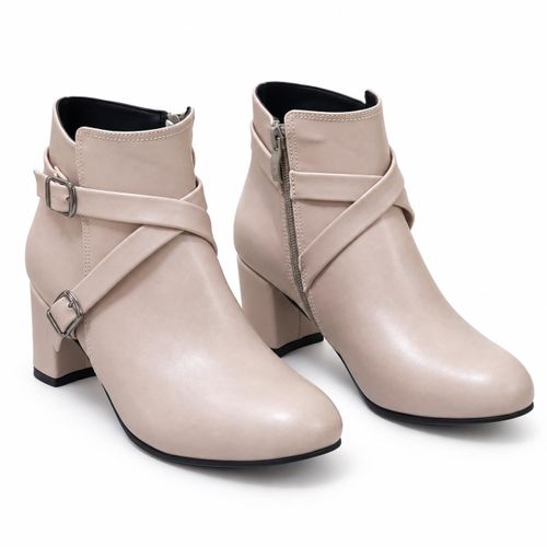 Ankle Boot Heels Leather With Accessories R-21 - Beige