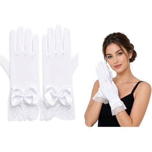 Women's imported short white gloves with satin bow and lace