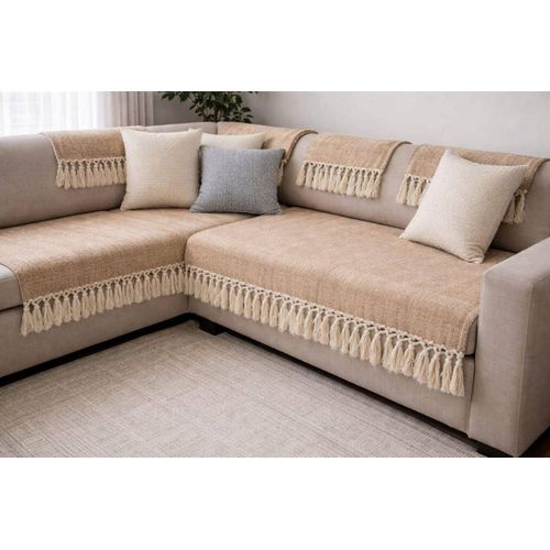 10-Piece Linen Sofa Cover Set with Decorative Tassel Trim, Includes Large Sofa Cover 195x90cm, Medium Sofa Cover 145x90cm, 2 Chair Covers 80x80cm, 6 Cushion Covers 45x45cm, (cafe) .flo