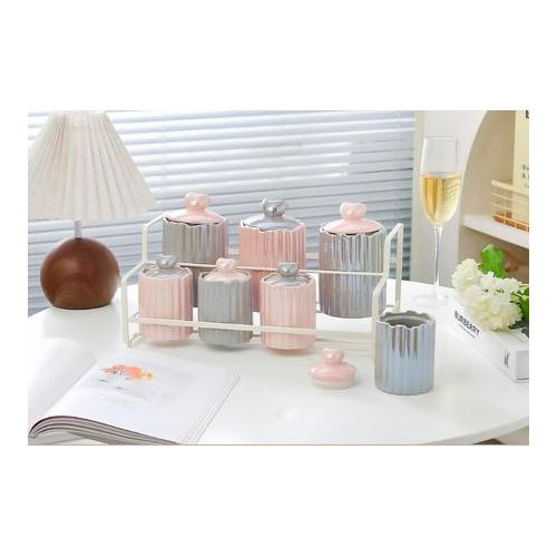 Modern porcelain spice set with ribbed design and heart handles with organized stand - 7 pieces