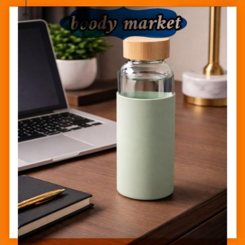 500ml Glass Water Bottle with Wooden Lid Heat-Resistant Silicone Sleeve