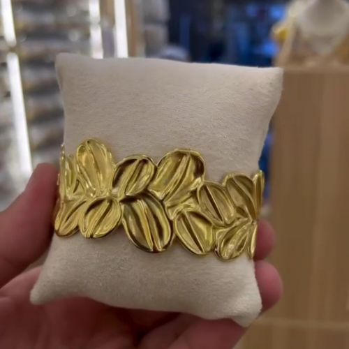 Gold-Plated Stainless Steel Wide Embossed Ribbed Leaf Statement Cuff Bangle