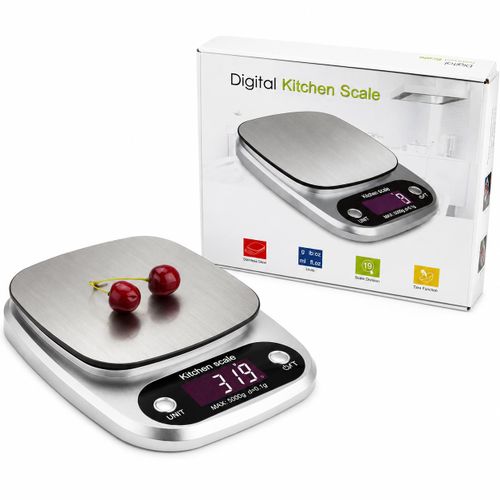Professional digital stainless steel kitchen scales with an accuracy of 0.1 g. Maximum weight of 10 kg. Accurate food with tare function in silver