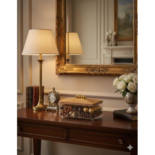 Sella Serving Box with Wooden Lid and Gold Handle, Clear Acrylic Multi Use for Dates, Nuts and Desserts, Luxury Modern Design