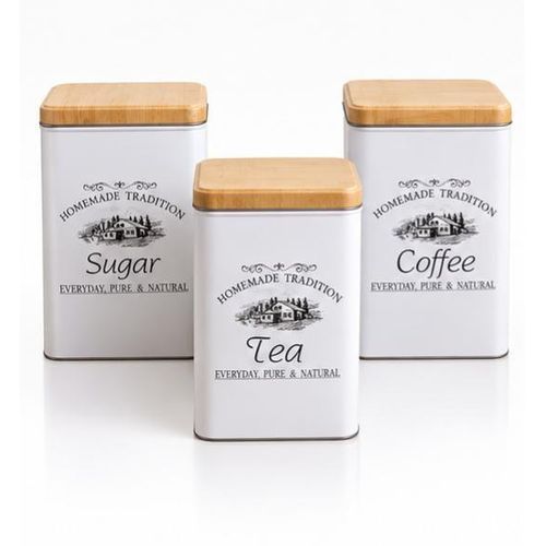 3-Piece Sugar, Tea, and Coffee Canister Set – Elegant Design with Wooden Lids for Kitchen Organization