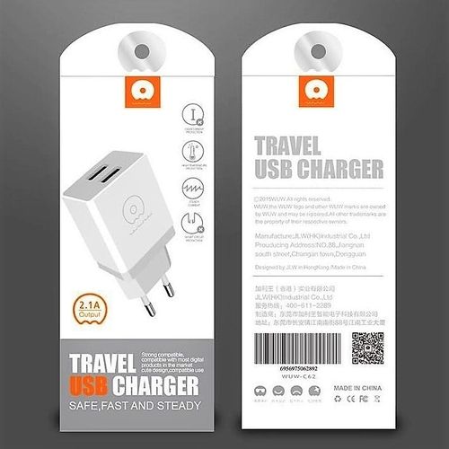  Dual USB Port Travel Charger With Optional Cable For Type-C - 2.1A