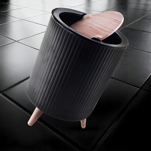 Practical Plastic Trash Can with Wooden Lid, Perfect for Kitchen, Bathroom, Living Room, Office, Dining Room (Black)