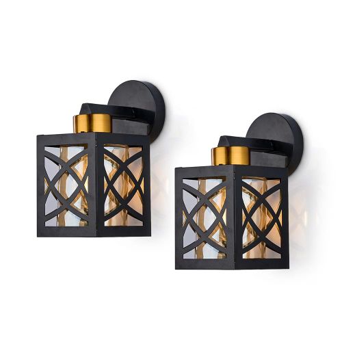 Set 2 Modern Black and Gold Wall Sconces with Amber Glass Lantern Design
