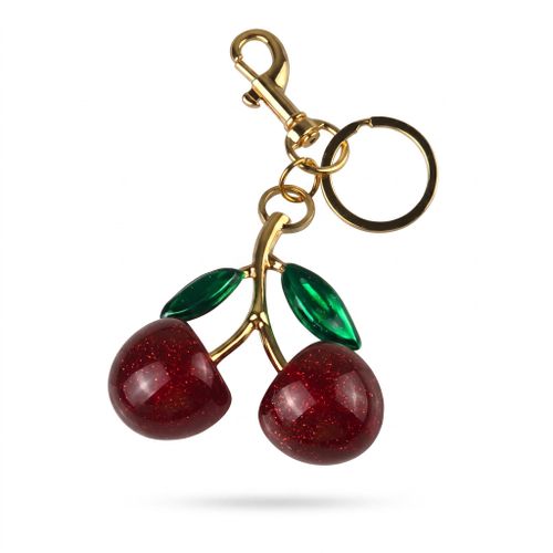Elegant Stainless Steel Cherry Pendant Keychain with Gold Leaf