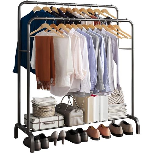 Multipurpose Metal Clothes Heavy Duty Clothes Stand Double Rod Metal Rack Bedroom Storage Organizer Non-Slip Bead Design Easy to Roll