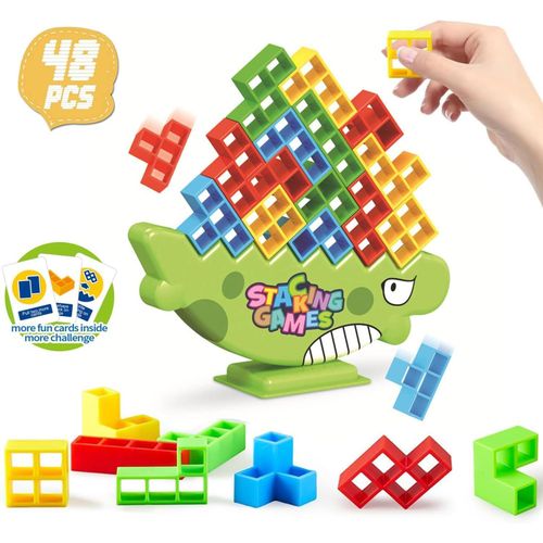 48 Pcs Tetra Tower Balance Stacking Blocks Game, Tetris Balance Tower Game Stacking Team Building Blocks for Adults and Child,Balance Stacking Toys for Family Games