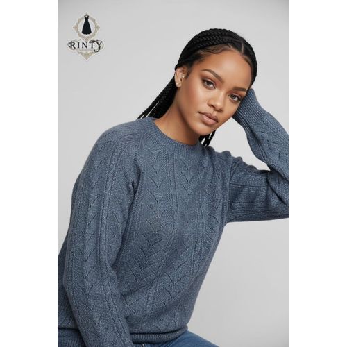 Dark blue-grey pullover with a textured knit and a relaxed fit.