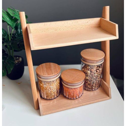 Two-tier wooden kitchen countertop organizer for spices and jars, 35 x 35 cm