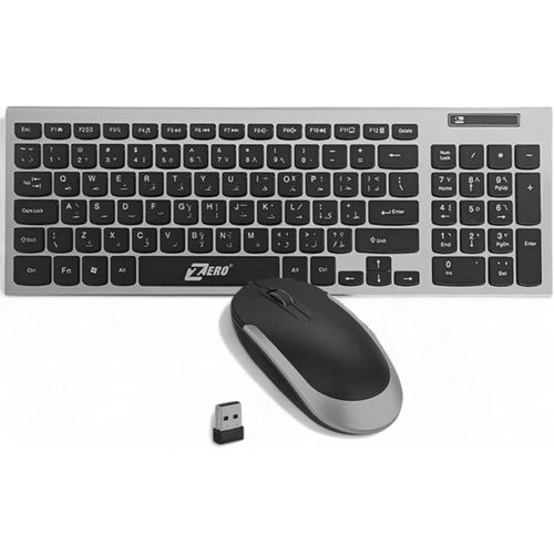 لوحة مفاتيح وفأرة لاسلكية بتصميم نحيف ورفيع واتصال ثابت 2.4G، وضبط حساسية DPI ومقاومة لانسكاب السوائل ومفاتيح صامتة باللغتين العربية والإنجليزية مع حماية ضد تناثر الماء أسود ورمادي،