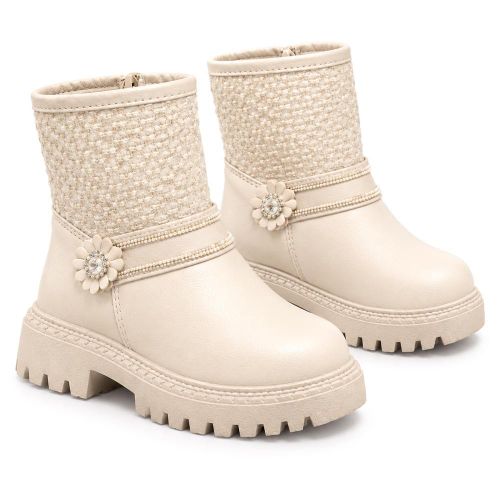 Girls' Ankle Boots with Pearl Flower Embellishments, Textured Knit Shaft, Chunky Lug Sole