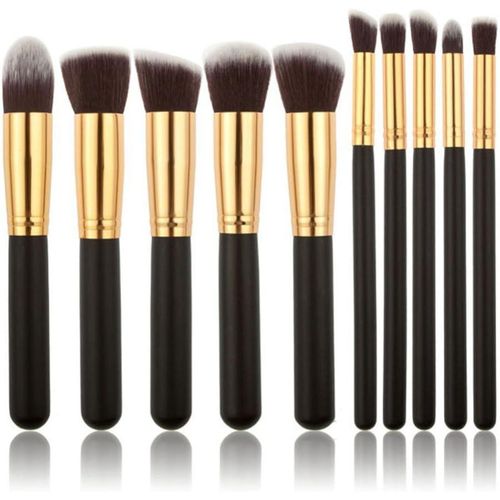 10 pcs cosmetic makeup beauty brushes tool set kit brush with leather case poush -black gold