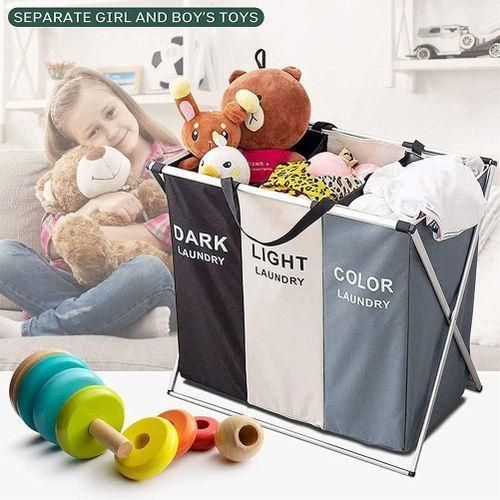 3-Compartment Foldable Laundry Basket with Aluminum Frame – Waterproof Oxford Fabric Hamper for Light, Dark & Colorful Clothes – Laundry Sorter for Home, Dorm, Bathroom, Bedroom – Large Capacity with Handles